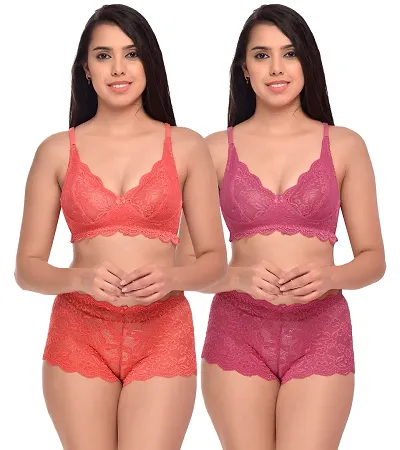 Elegant Net Self Pattern Bras And Panty Set For Women- Pack Of 2