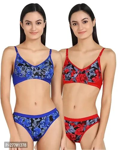 Women Cotton Bra Panty Set for Lingerie Set Pack of 2  Color : Blue,Red  Pattern : Self Design-thumb0