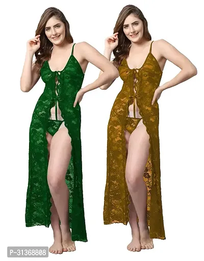 Women Green,Yellow Designed Babydoll Sexy Lingerie Set Honeymoon Nighty Anniversary Night Dress-thumb0