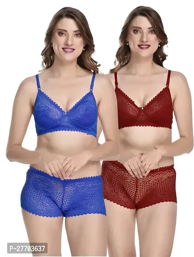 Women Net Bra Panty Set for Lingerie Set Pack of 2  Color : Blue,Maroon-thumb0