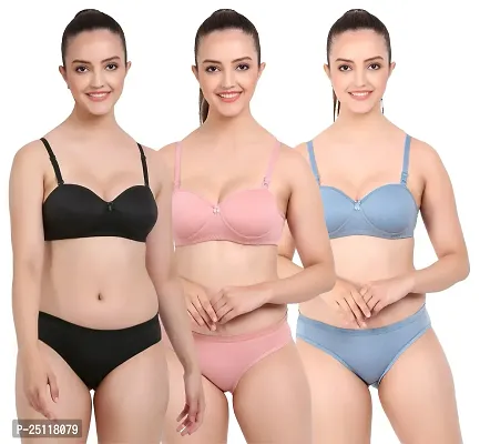 Stylish Multicoloured  Bra And Panty Set For Women Pack Of 3-thumb0