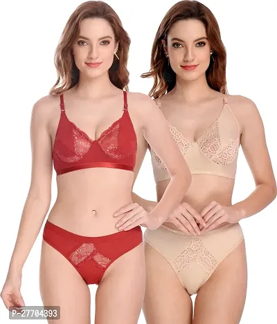 Women Cotton Bra Panty Set for Lingerie Set Pack of 2  Color : Red,Brown-thumb0