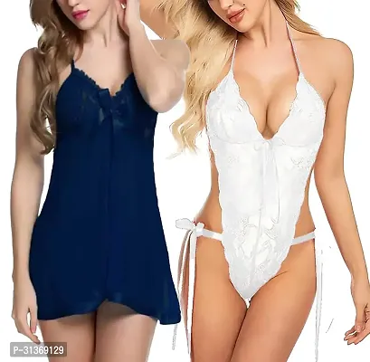 Women Blue,White Designed Babydoll Sexy Lingerie Set Honeymoon Nighty Anniversary Night Dress-thumb0