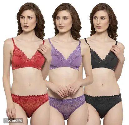 Women Net Bra Panty Set for Lingerie Set Pack of 3  Color : Red,Purple,Black-thumb0