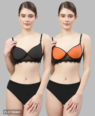 CUPSIN-Women Black,Orange Cotton Bra Panty Set|Lingerie Set|Honeymoon Night Dress Wedding|Valentine Beautiful Gift for Girl|Bra Panty Set for Women with Sexy|Bra Panty Set for Women