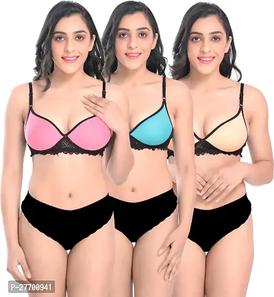 Women Cotton Bra Panty Set for Lingerie Set Pack of 3  Color : Pink,Blue,Brown-thumb0