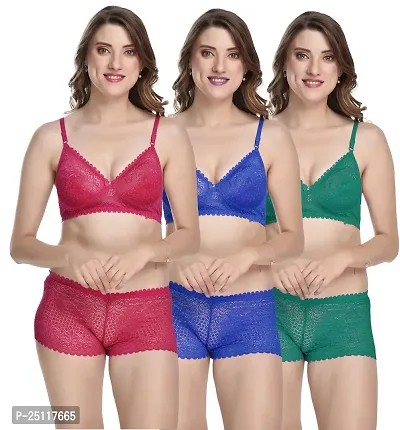 Stylish Multicoloured  Bra And Panty Set For Women Pack Of 3-thumb0