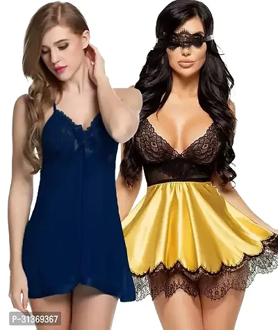 Women Blue,Gold Designed Babydoll Sexy Lingerie Set Honeymoon Nighty Anniversary Night Dress-thumb0