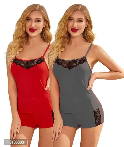 Women Red,Grey Designed Babydoll Sexy Lingerie Set Honeymoon Nighty Anniversary Night Dress-thumb0