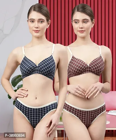 Stylish Cotton Checked Bra And Panty Set For Women Pack Of 2-thumb0