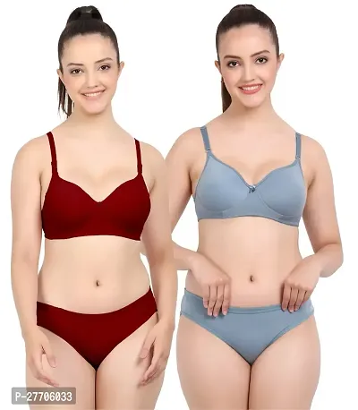 Women Cotton Bra Panty Set for Lingerie Set Pack of 2  Color : Maroon,Blue-thumb0