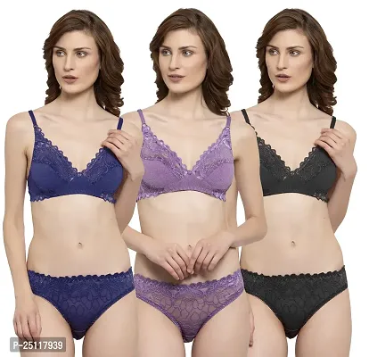 Stylish Multicoloured  Bra And Panty Set For Women Pack Of 3-thumb0