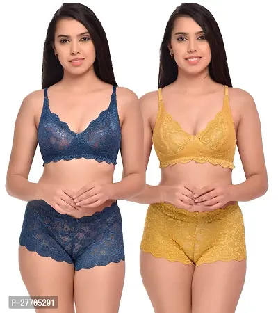 Women Net Bra Panty Set for Lingerie Set Pack of 2  Color : Blue,Yellow-thumb0