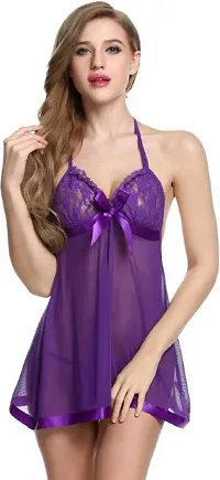 Women Purple,Black Designed Babydoll Sexy Lingerie Set Honeymoon Nighty Anniversary Night Dress-thumb1