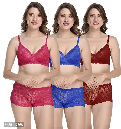 Stylish Multicoloured  Bra And Panty Set For Women Pack Of 3-thumb0