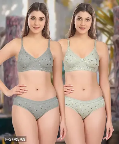 Women Cotton Bra Panty Set for Lingerie Set Pack of 2  Color : Grey,Green-thumb0