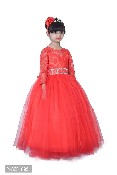 Wish littlle Baby Girl's Red Flower Net Round Nack Fit and Flare Long Maxi Dress (WLT-1062_2-3Years Kidswear)-thumb3