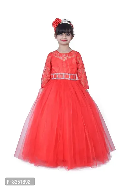 Wish littlle Baby Girl's Red Flower Net Round Nack Fit and Flare Long Maxi Dress (WLT-1062_2-3Years Kidswear)