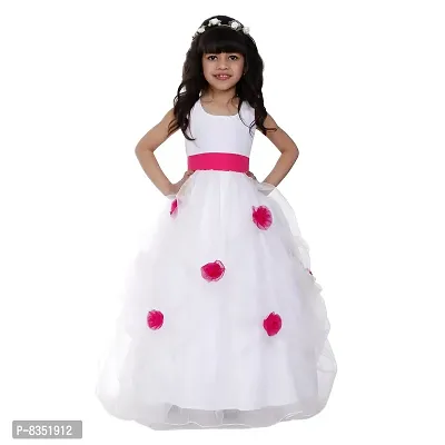 Wish littlle Baby Girls Cotton and Polyester Applique Floral Net Sleeveless Gown in White Color (WLT-179_Kidswear)
