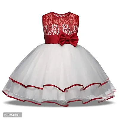 Ripening Baby Girls White and Red Net Round Neck Sleeveless Knee Length Dress (BRP-189_2-3Yrs)