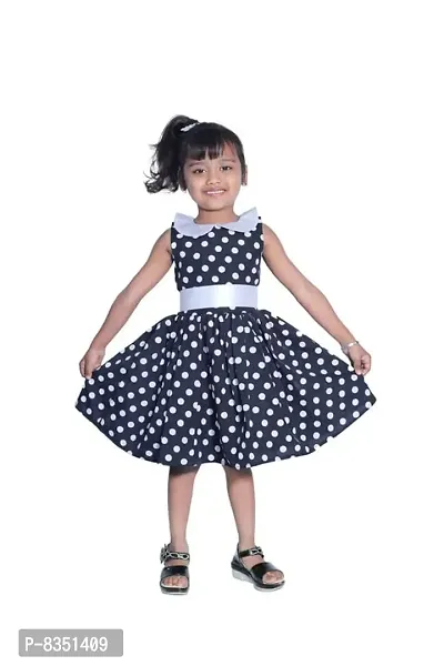 Ripening Baby Girl's Black Polka Dot Square Neck Crepe Sleeveless Knee Length Dress (BRP-283)