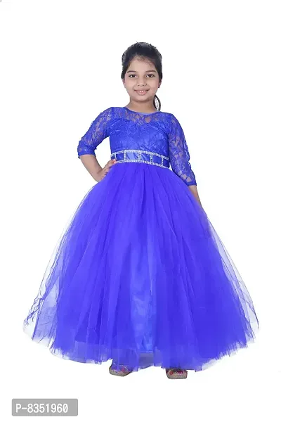 Wish littlle Baby Girl's Royal Blue Flower Net Round Nack Fit and Flare Long Maxi Dress (WLT-1060_6-7Years Kidswear)