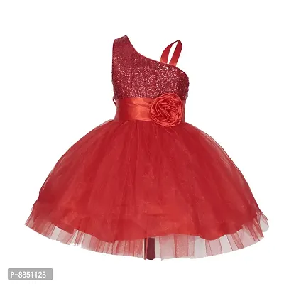 Wish littlle Baby Girl's Sequined One-Shoulder Red A-Line Knee Length Dress (WLT-148_Kidswear)