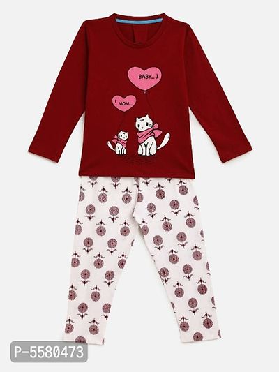 Kids Craft Maroon Cotton Fabric Cat print Girls Nightsuit-thumb0