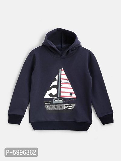 Navy Blue Fleece Fabric Ship Print Hooded Sweatshirt