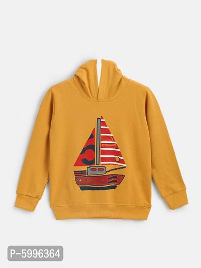 Mustard Yellow Fleece Fabric Ship Print Hooded Sweatshirt-thumb0