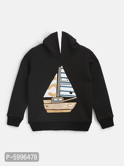 Black Fleece Fabric Ship Print Hooded Sweatshirt
