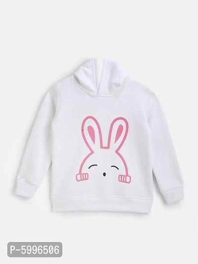 White Fleece Fabric Rabbit Print Hooded Sweatshirt-thumb0