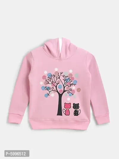 Pink Fleece Fabric Tree And Little Cat Print Hooded Sweatshirt