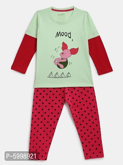 Mint Green and Red Cotton Fabric Piglet Mood Print T-Shirt and Pajama