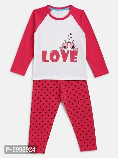 Magenta and White Cotton Fabric Love Print Nightsuit