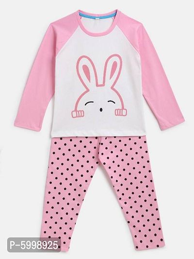 Pink and White Cotton Fabric Rabbit Print Nightsuit-thumb0
