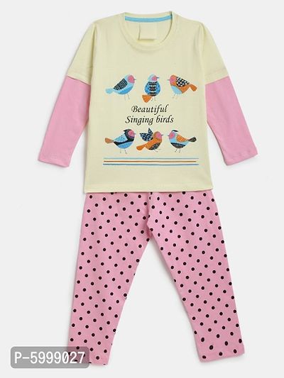 Kids Craft Pink and Yellow Hosiery Fabric Birds Print Nightsuit