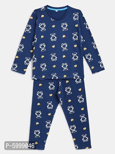 Kids Craft Navy Blue Hosiery Fabric Panda Print Nightsuit