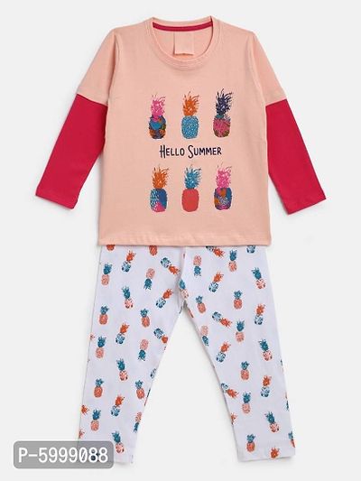 Kids Craft Peach Hosiery Fabric Pineapple Print Nightsuit