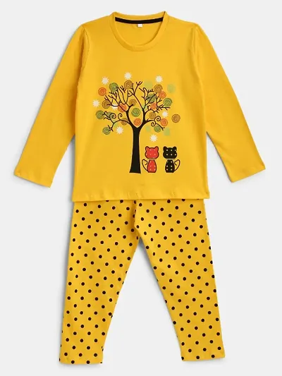 Kids Craft Fabric Tree And Little Cat print Girls Nightsuit