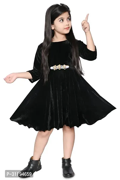 Fabulous Black Velvet Solid Fit And Flare Dress For Girls-thumb0