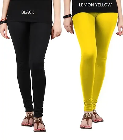 Stylish Lycra Blend Solid Leggings For Women (Black, Yellow)