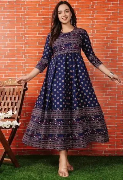 Elegant Rayon Gold Print Anarkali Kurtas