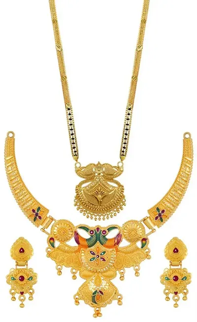 Fashionable Golden Alloy Bridal Combo of 2 Necklace And Earring Set