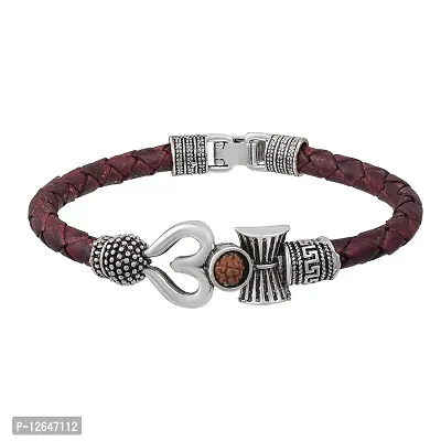 MAHAKAAL JEWELS Spiritual One Sided Trishul Damru OM Rudraksha Beads Silver Plated Mahakal Shiva Genuine Leather Brown Dyed Rope Wrist Band/Belt Bahubali Kada Bracelet for Men and Women