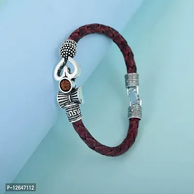 MAHAKAAL JEWELS Spiritual One Sided Trishul Damru OM Rudraksha Beads Silver Plated Mahakal Shiva Genuine Leather Brown Dyed Rope Wrist Band/Belt Bahubali Kada Bracelet for Men and Women-thumb3