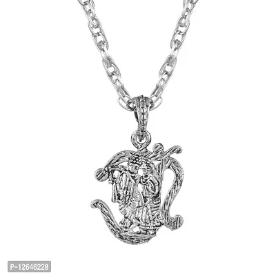 Mahakaal Jewels? Silver Plated Antique Look Om/? Aum Ohm 3D Radha Krishna Hindu God Chain Pendant Locket Necklace Temple Jewellery for Men/Women