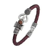 MAHAKAAL JEWELS Spiritual One Sided Trishul Damru OM Rudraksha Beads Silver Plated Mahakal Shiva Genuine Leather Brown Dyed Rope Wrist Band/Belt Bahubali Kada Bracelet for Men and Women-thumb1