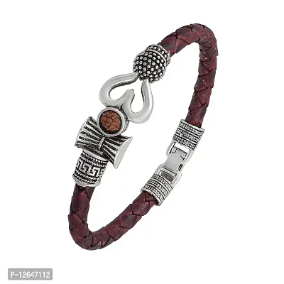 MAHAKAAL JEWELS Spiritual One Sided Trishul Damru OM Rudraksha Beads Silver Plated Mahakal Shiva Genuine Leather Brown Dyed Rope Wrist Band/Belt Bahubali Kada Bracelet for Men and Women-thumb2