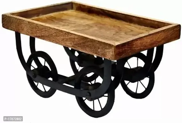 Premium Quality Handicrafts Wooden Serving Cart-Tray With Moveable Iron Wheels Snack Serving Platter For Dining Table Tray